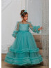Long Sleeves Turquoise Tulle Ankle Length Flower Girl Dress